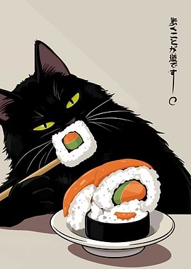 Black Cat Eating Sushi Illustration