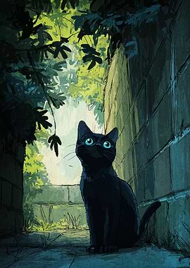 Black Cat in Alleyway Illustration