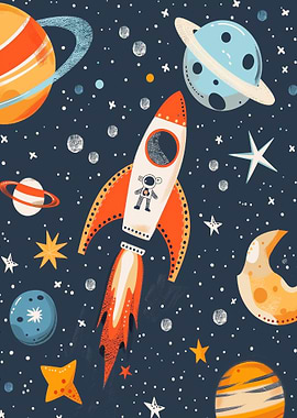 Cartoon Space Rocket and Planets