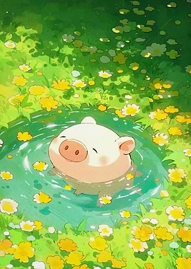 Cute Pig in a Flower Pond