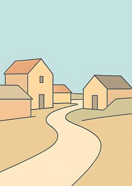 Minimalist Village Landscape Illustration