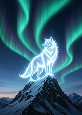 Aurora Spirit Wolf on Snowy Mountain