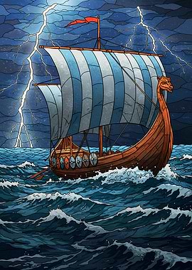 Viking Ship in Stormy Seas