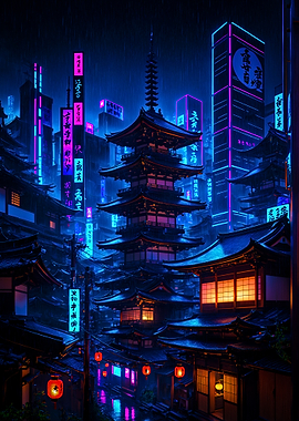 Futuristic Japanese Cityscape at Night