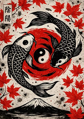 Yin Yang Koi Fish with Maple Leaves