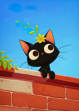 Cartoon Black Cat with Flower