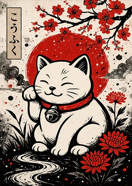 Maneki Neko with Cherry Blossoms