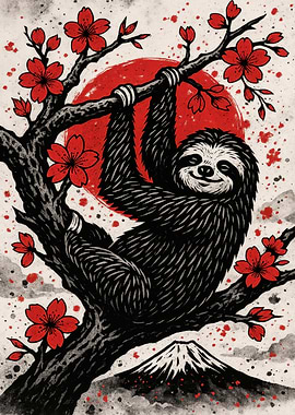 Sloth in Cherry Blossom Tree Art