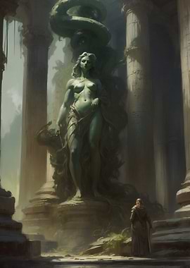 Ancient Statue with Snake and Figure