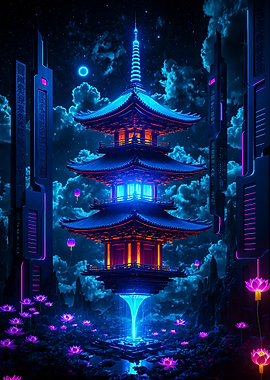 Floating Pagoda with Lotus Flowers Japan