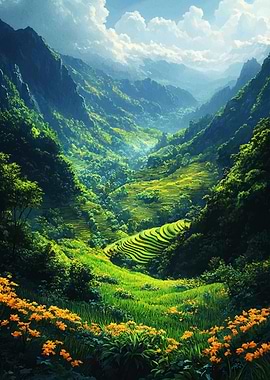 Lush Green Valley with Rice Terraces