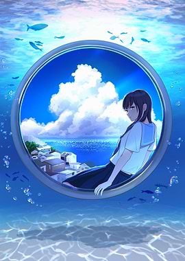 Anime Girl in Underwater Window Scene