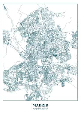 Madrid City Map Teal Blueprint