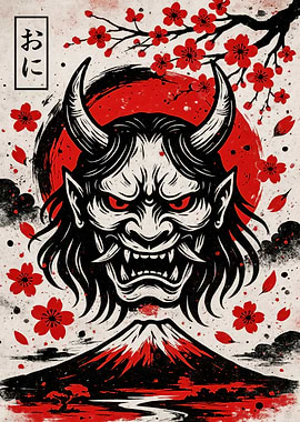 Japanese Oni Mask with Mount Fuji
