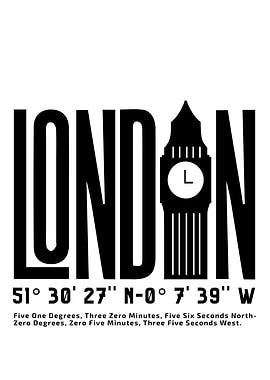 London Typography with Big Ben Silhouette and Coordinates