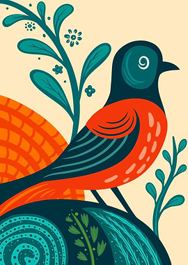 Stylized Bird Illustration with Floral Elements