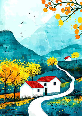 Autumn Landscape with Houses and Mountains