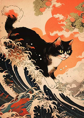Cat Surfing Wave Japanese Art Style