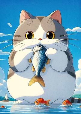Cartoon Cat Fish Sea