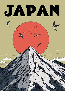Japan Mountain and Birds Illustration