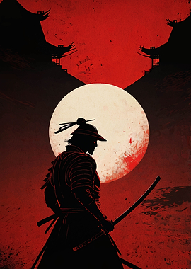 Samurai Silhouette with Moon and Temple