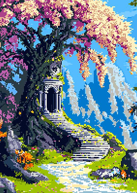 Pixel Art Landscape with Temple and Tree