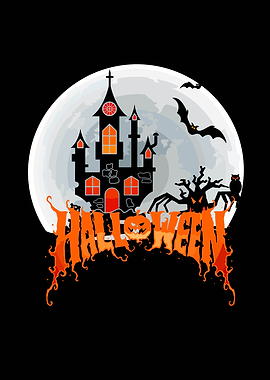 Halloween Castle with Moon and Bats