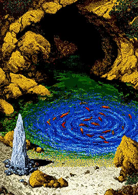 Pixel Art Cave Pond with Koi Fish