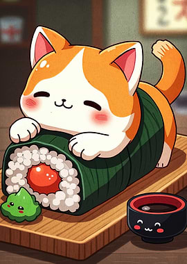 Cute Cat Sushi Roll Illustration