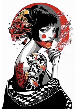 Geisha with Mask and Tattoo Art