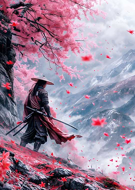 Samurai in Cherry Blossom Landscape