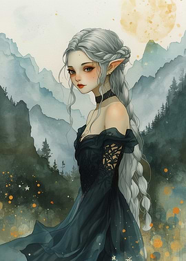 Elegant Elf in Watercolor Landscape