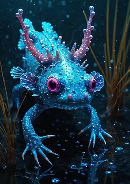 Bioluminescent Blue Newt — Surreal Coral-Horned Amphibian Illustration