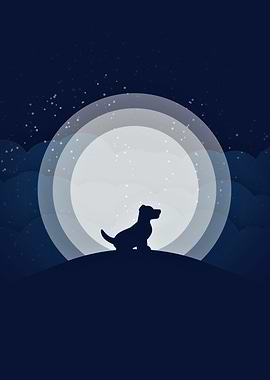 Dog Silhouette Moonlit Night Illustration