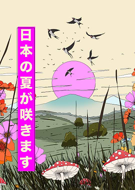 Japanese Summer Landscape with Birds and Mushrooms