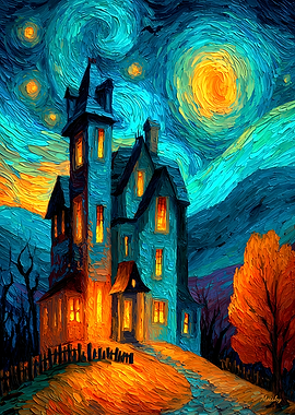 Impressionist Haunted House Starry Night Halloween Wall Art