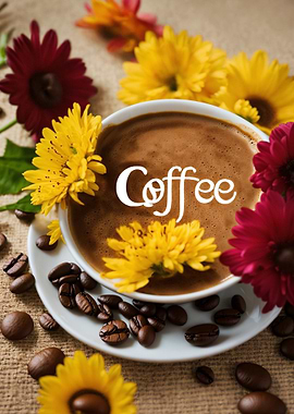 Coffee cup with flowers and beans