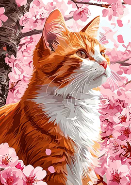 Orange Cat with Cherry Blossoms