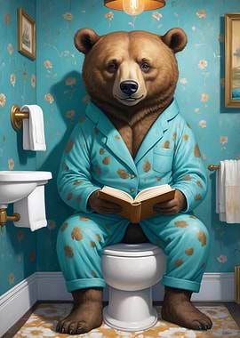 Bear reading book on toilet