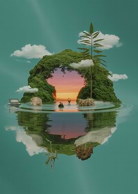 Surreal Island Reflection with Laptop