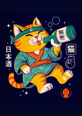 Drunk Cat with Sake Bottle