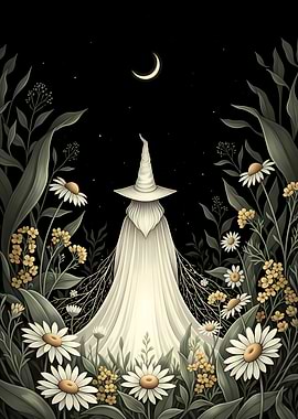 Halloween Witch in a Floral Night Garden