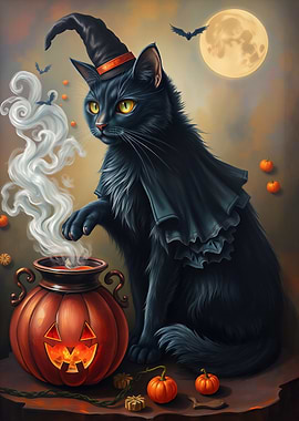 Halloween Magic Black Cat with Cauldron