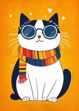 Cartoon Cat with Glasses and Scarf