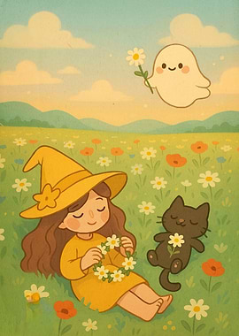 Cute Witch Cat Ghost Field