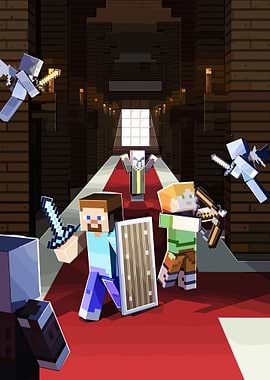 Minecraft characters in a castle hallway