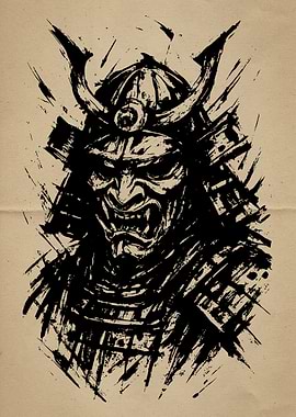 Samurai Warrior Mask Ink Illustration