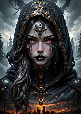 Mystic Woman with Hood and Red Eyes