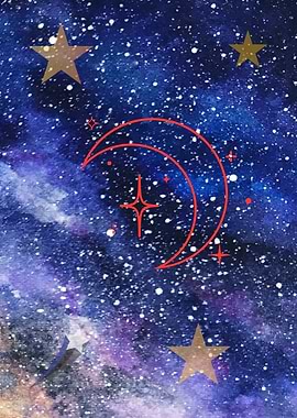 Watercolor Galaxy with Moon and Stars