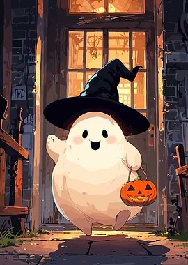 Cute Halloween Ghost with Pumpkin